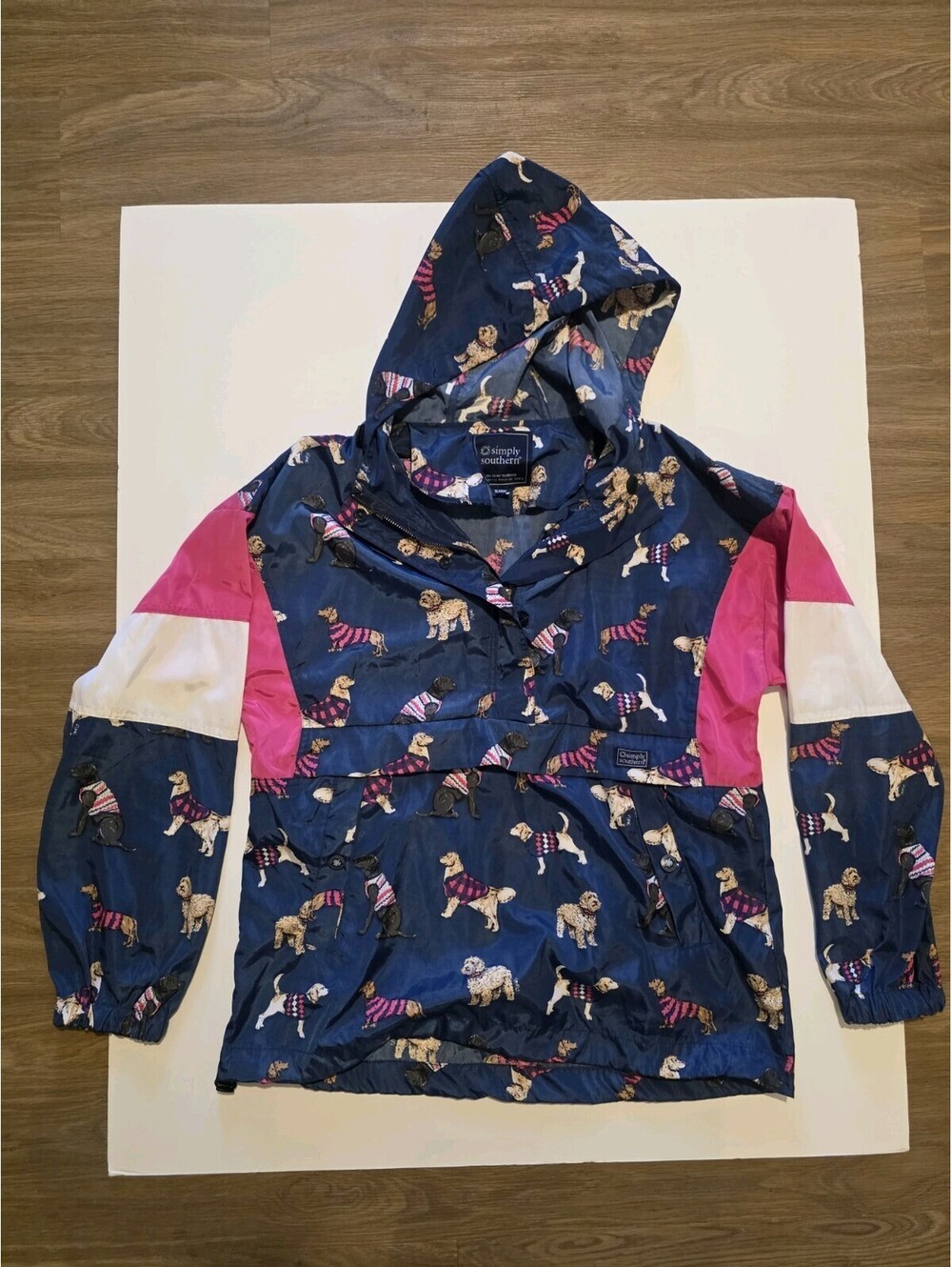 Simply Southern dog print hooded pullover windbreaker in blue with pink XL